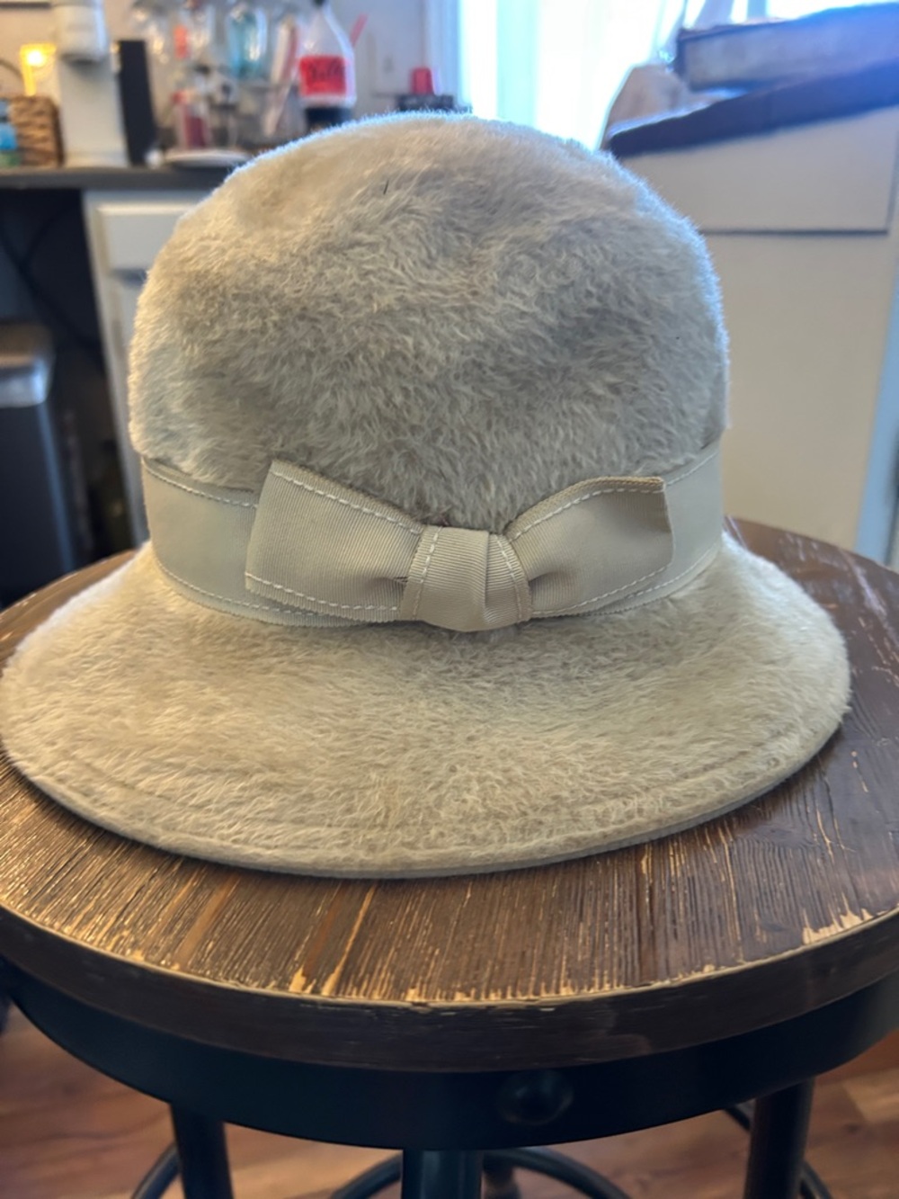 Adolfo Cream Faux-Fur Bow Cloche Hat